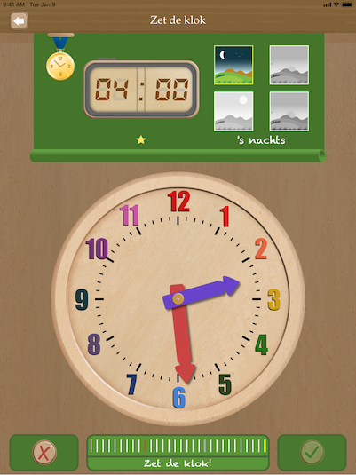 Voorbeeldafbeelding: Leren klokkijken met Zet de Klok op de iPad - speltype 'Vergelijk de analoge en digital klok'